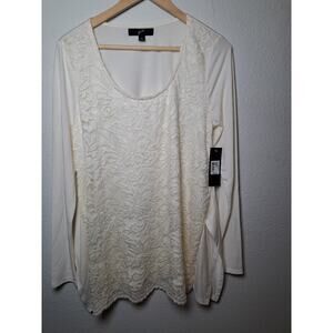 GNW Stretch Lace Blouse Front Dolman Sleeve Cream Top Shirt Women's M NWT